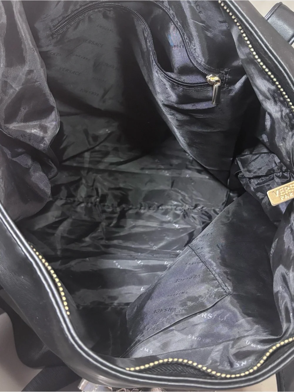 Black Leather Versace ParfumsTote with Silver Accents